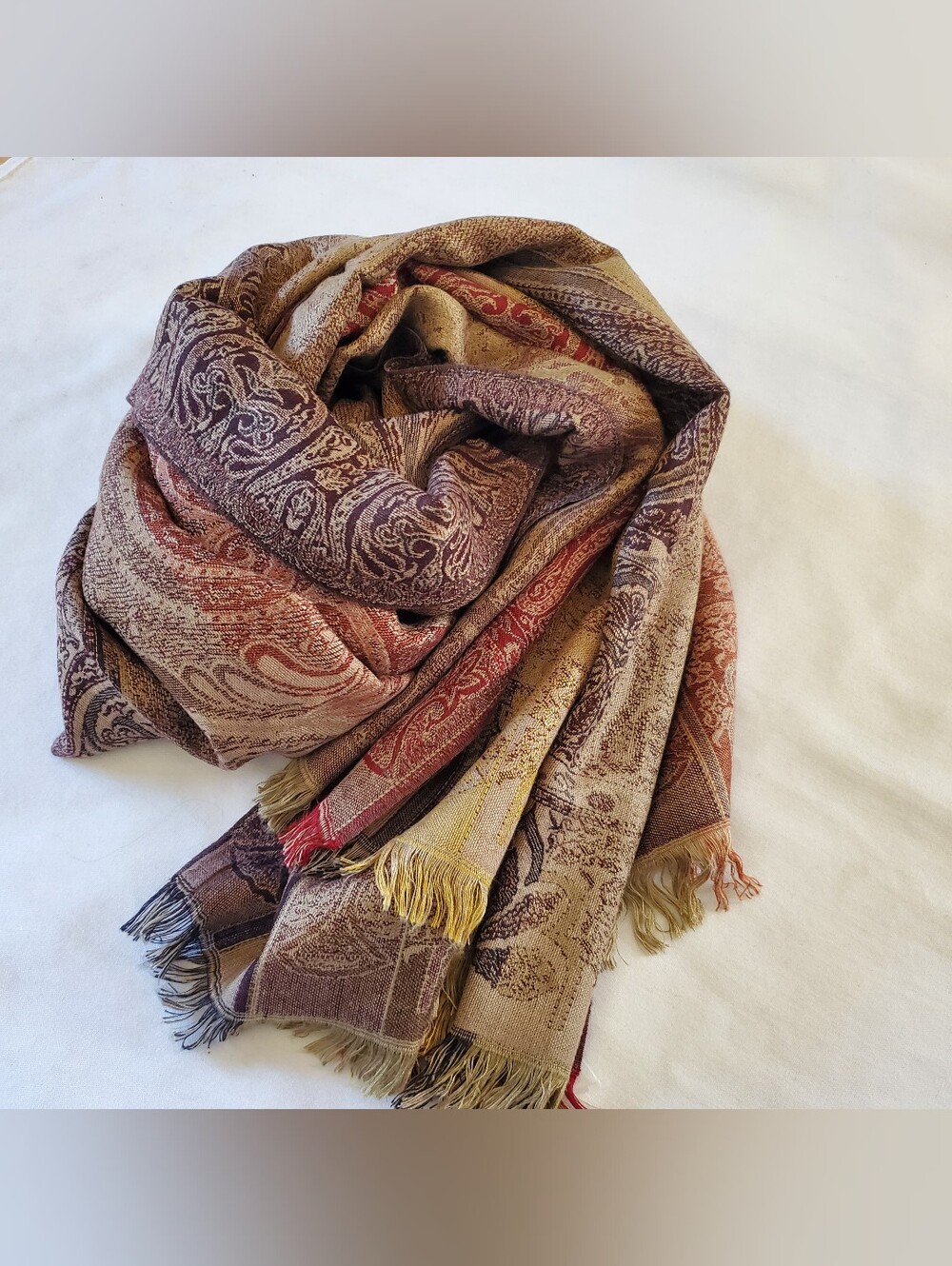 Brooks Brothers Wool Paisley Fringe Wrap Scarf in Brown, Red, Gold, Rust, Green
